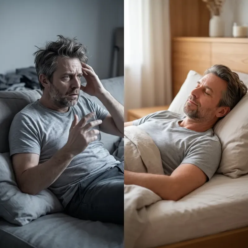 Mann auf dem Sofa voller Anspannung und derselbe Mann entspannt im Bett – das Nervensystem zwischen Alarm und Ruhe