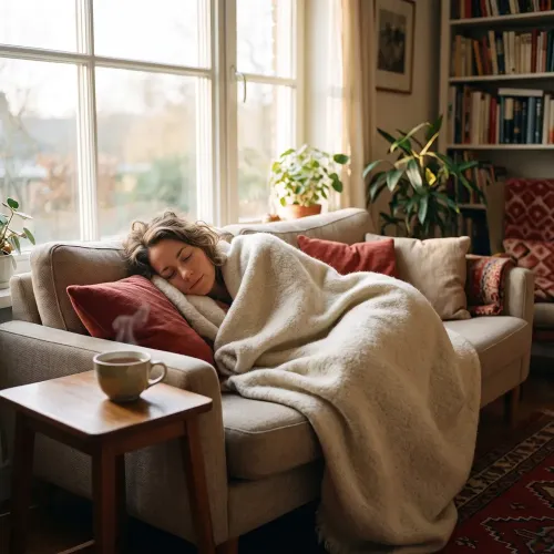 Eine Frau ruht in eine helle Decke gehüllt im warmen Morgenlicht auf dem Sofa.