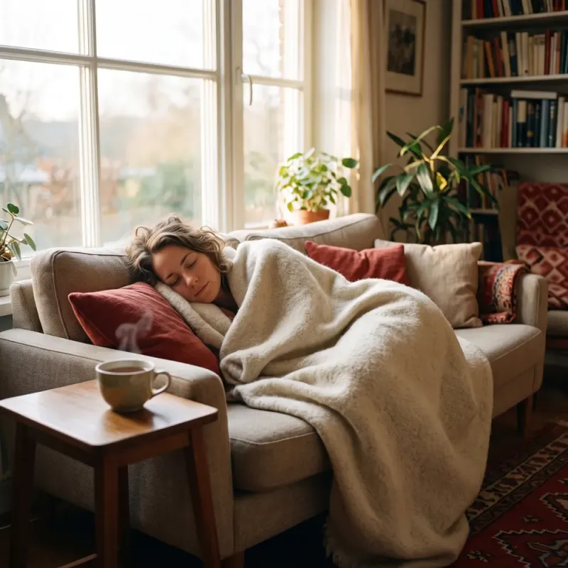 Eine Frau ruht in eine helle Decke gehüllt im warmen Morgenlicht auf dem Sofa.